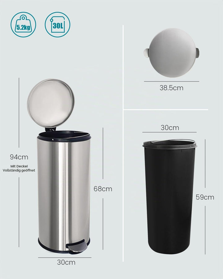 Mülleimer 30 L Treteimer mit Softclose-Deckel, Abfalleimer 30 Liter mit Fusspedal, Rund Mülleimer mi