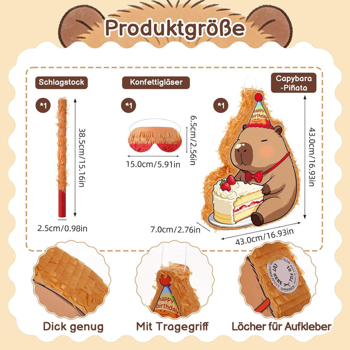 Pinata Geburtstag Capybara mit Stab&Maske für Mädchen und Jungs,Capybara Pinata Set mit 96 Füllungen