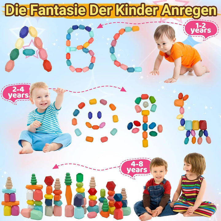 RunHero 58 Stück Stapelsteine Balanciersteine Montessori Holz Bauklötze Spielzeug für Kinder Stapelt
