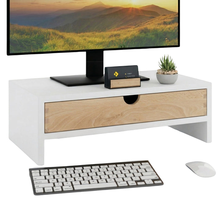 Monitorständer mit Schublade, Bildschirmständer, Weiss, Weiss