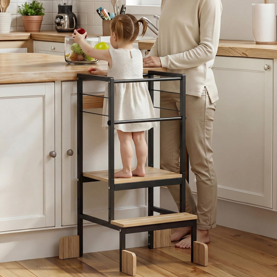 COSYLAND Lernturm ab 1 Jahr Montessori Learning Tower Stahl Stabil, Schwarz | Stabiler Toddler Tower
