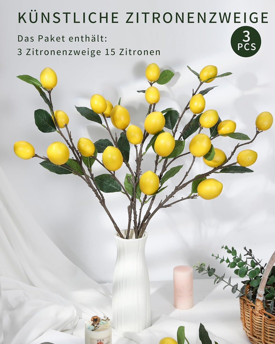 3PCS künstliche Zitronenzweige 5 Lebendige gelbe gefälschte Zitrone Gelbe gefälschte Zitronenzweige