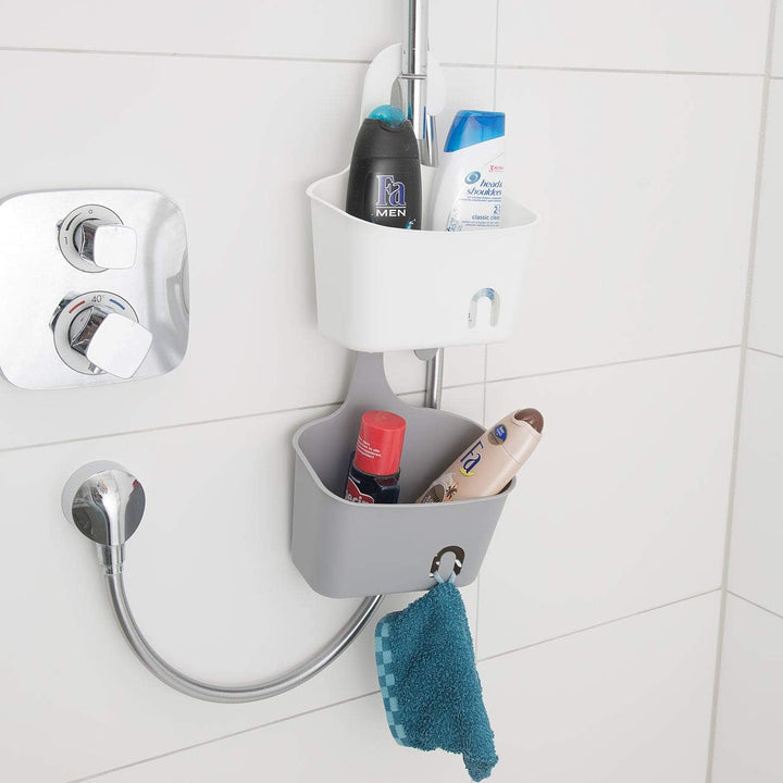 Seifenkörbe: 2er-Set Duschkörbe mit Aufhänge-Haken und Ablaufgitter, grau und weiss Accessoire, Uten