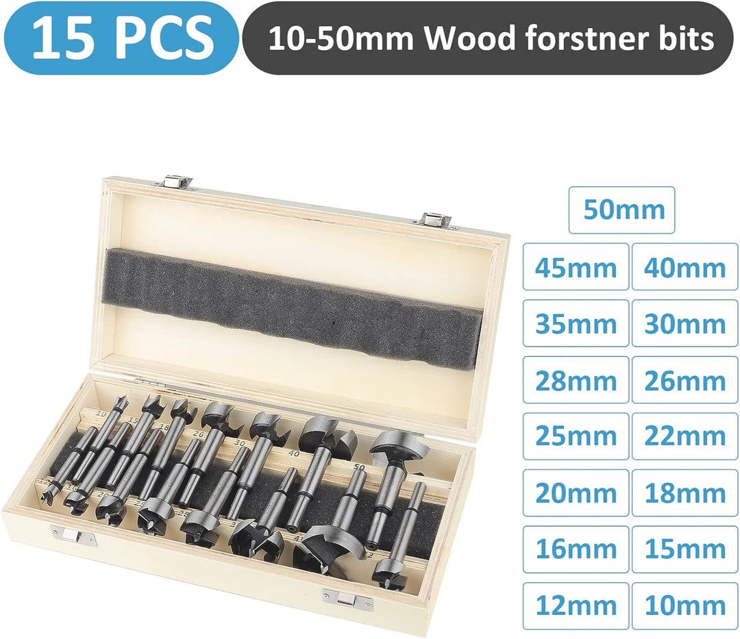 HPHOPE Forstnerbohrer Set für Holz - Satz 15tlg Forstner Bohrer für Holz Ø10-50mm, Holz Forstner Bit
