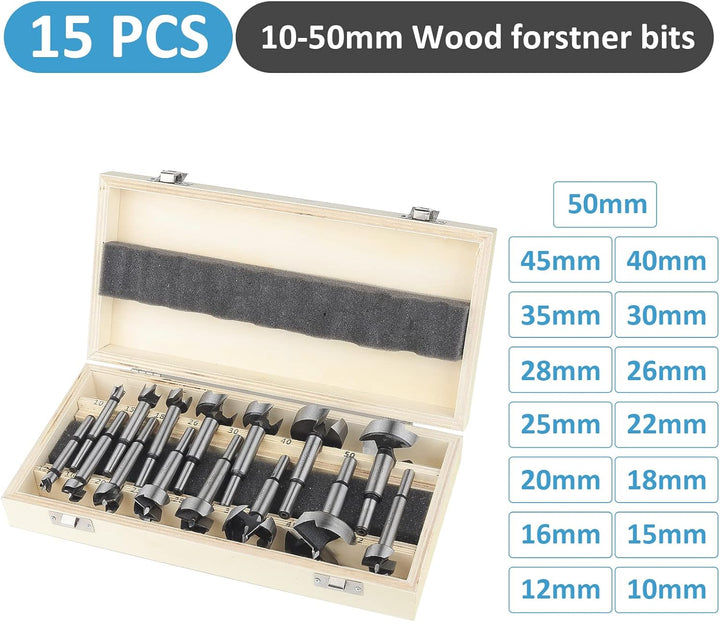 HPHOPE Forstnerbohrer Set für Holz - Satz 15tlg Forstner Bohrer für Holz Ø10-50mm, Holz Forstner Bit