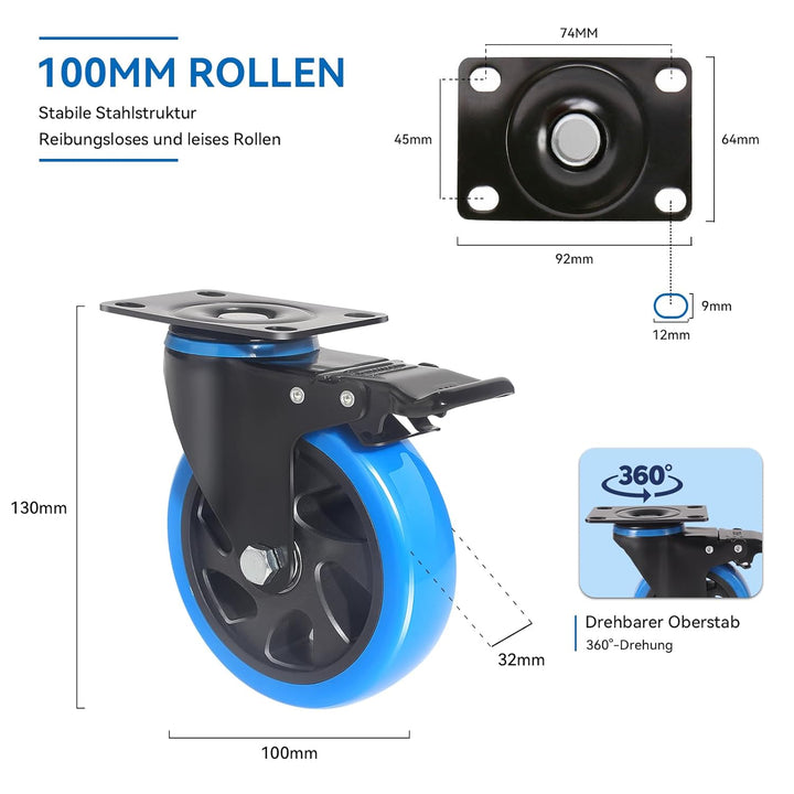 BAOLIHUI 100mm Blau Schwerlastrollen - 4er Set Lenkrollen mit Bremsen bis 600KG inkl. Montagezubehör