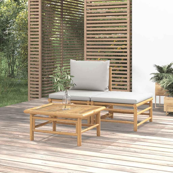 vidaXL 3-TLG. Garten-Lounge-Set mit Hellgrauen Kissen Bambus Mittelteil + Fussstütze + Tisch Hellgra