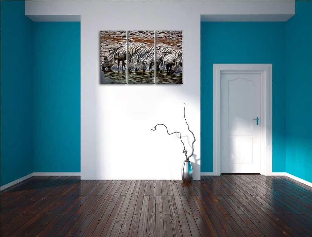 Zebraherde am Wasserloch NewArt 3-Teiler Leinwandbild 120x80 Bild auf Leinwand, XXL riesige Bilder f