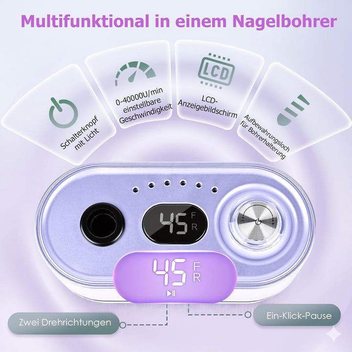 Nagelfräser Elektrisch für Gelnägel 45000 U/Min Maniküre Pediküre Set Elektrische Nagelfräser Profes