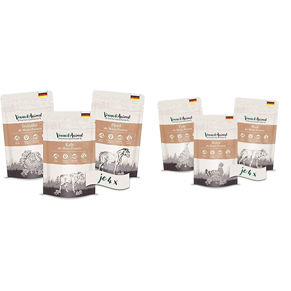 Venandi Animal Premium Nassfutter für Katzen, Probierpaket II, Pferd, Kalb, Truthahn, 12 x 125 g, 1.