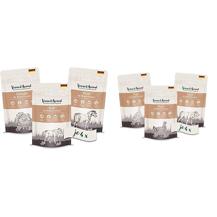 Venandi Animal Premium Nassfutter für Katzen, Probierpaket II, Pferd, Kalb, Truthahn, 12 x 125 g, 1.