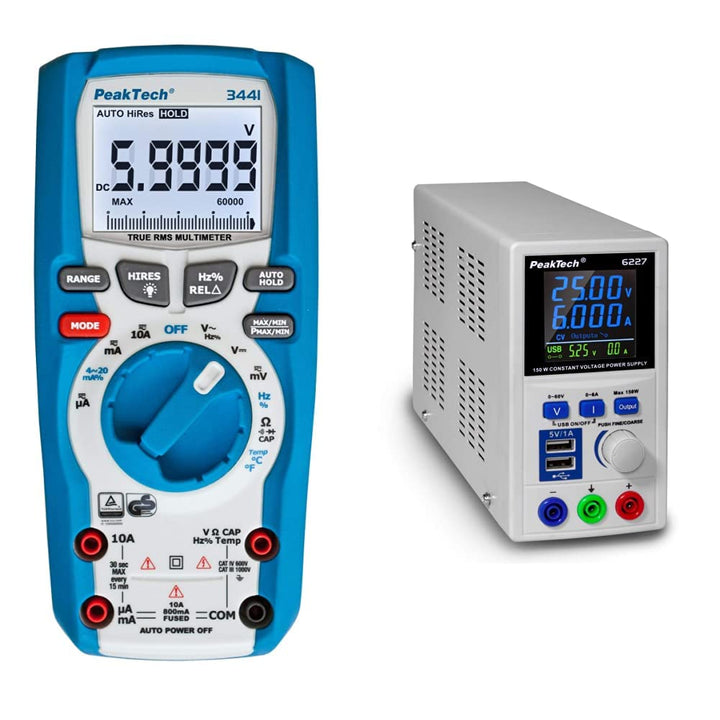 PeakTech 3441 – True RMS Digital Multimeter - CAT III 1000 V, Blau & P 6227 – DC Labor Netzteil 0-60