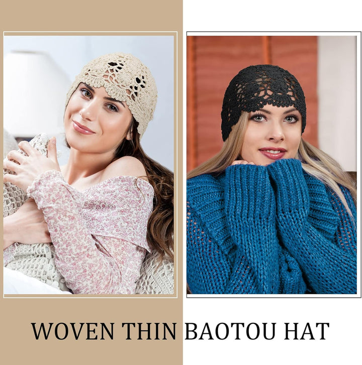 3 Stück Damen Häkelmütze Slouchy Beanie Mütze Handmade Knit Cutout Frauen Floral Skull Cap Dehnbare