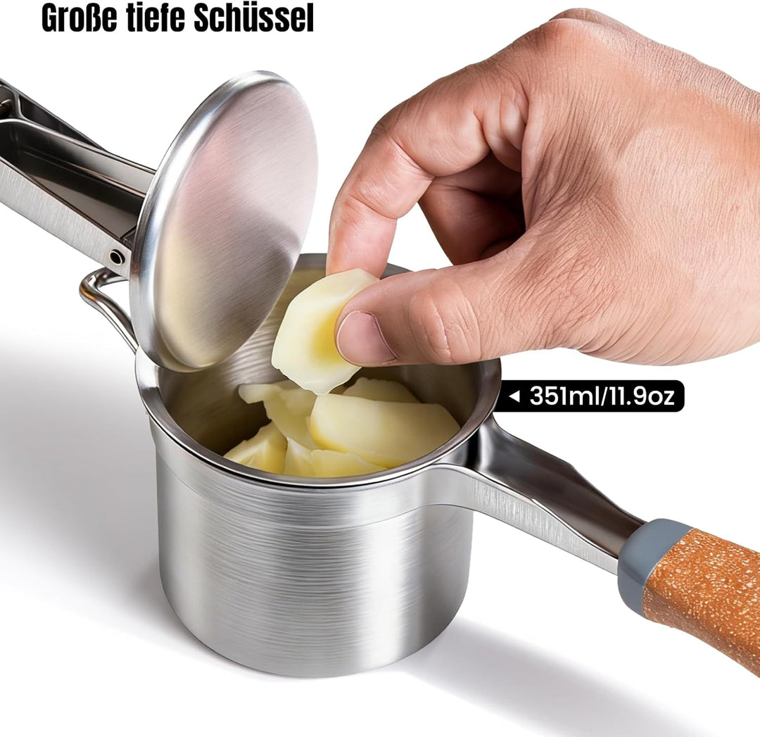 Kartoffelpresse Edelstahl mit fester Scheibe, Robuster Kartoffelstampfer mit Holz-Kunststoff-Griff,