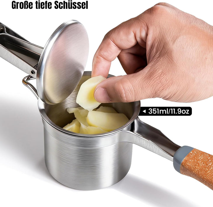 Kartoffelpresse Edelstahl mit fester Scheibe, Robuster Kartoffelstampfer mit Holz-Kunststoff-Griff,