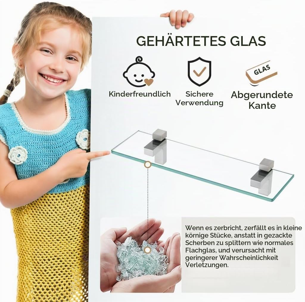KES Duschablage Glas Badezimmer Wandregal 8mm Hartglas Glasregal Glasablage Bad Ablage Dusche Duschr