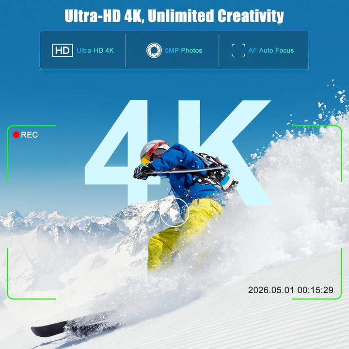 FIREBULL 4K Action Cam, Actionkamera Vlog Kamera, Kompakte Handkamera mit 180° Flip Objektiv, AF Aut