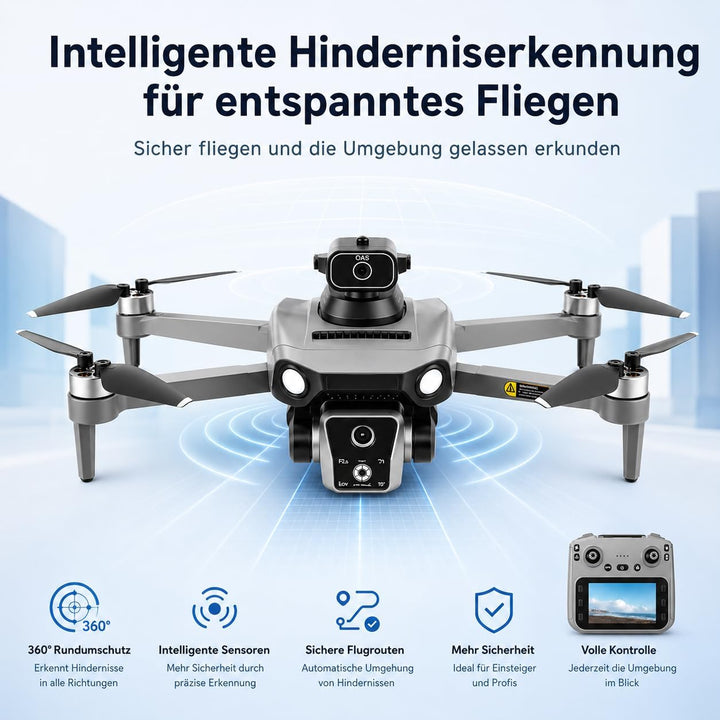 K19 GPS Drohne mit 4K Kamera, Fernbedienung mit Live-Display, 600m Reichweite, 360° Hindernisvermeid