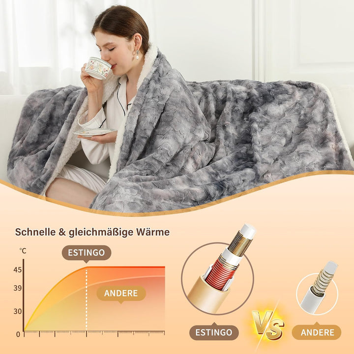 ESTINGO Heizdecke mit Abschaltautomatik, 6 Temperaturstufen & 1~10Stunden Auto-Off-Timer Überhitzung