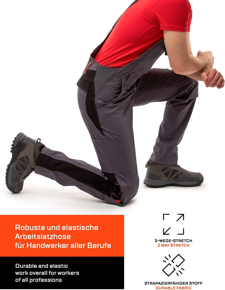 strongAnt Latzhose Herren Stretch Arbeitshose Arbeitslatzhose mit Kniepolstertaschen Schwarz Grau We