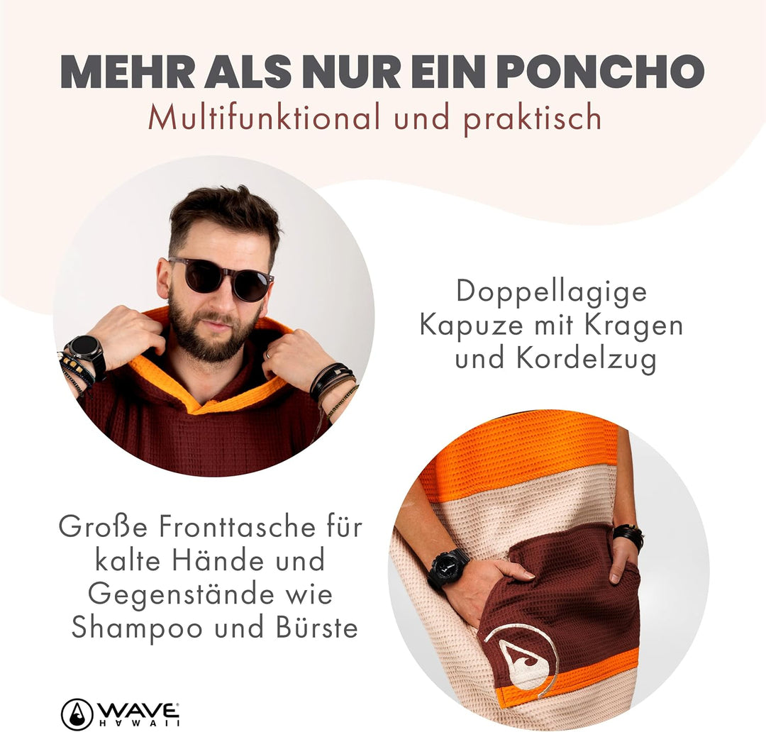 WAVE HAWAII Poncho Porlamar Badeponcho 100% Baumwolle für Körpergrössen von 155 - 185 cm Umkleidehil