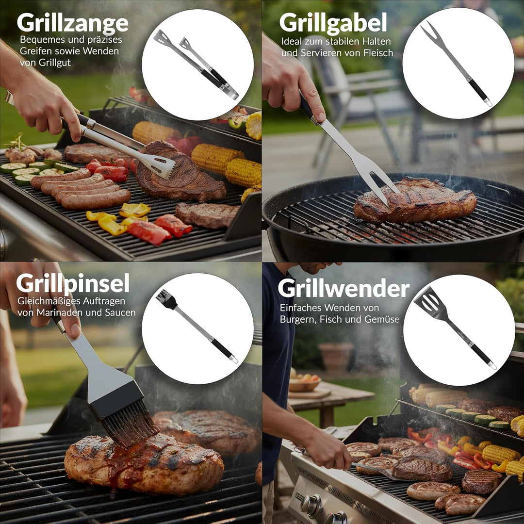 Lehmann Grillbesteck Set aus Edelstahl im Koffer | Grill Zubehör Set mit Pfannenwender, Gabel und Gr