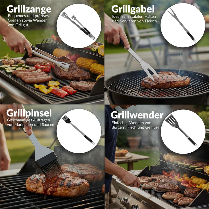 Lehmann Grillbesteck Set aus Edelstahl im Koffer | Grill Zubehör Set mit Pfannenwender, Gabel und Gr
