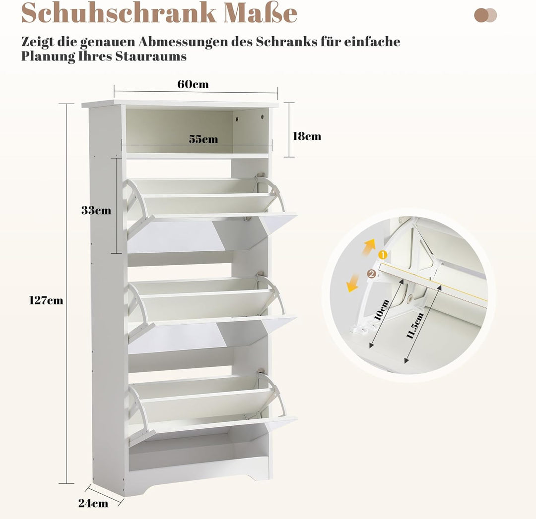 Spiegelschuhschrank mit 3 Klappfächern, Schmales Schuhaufbewahrungs-Schrank mit Spiegeltür, Freisteh