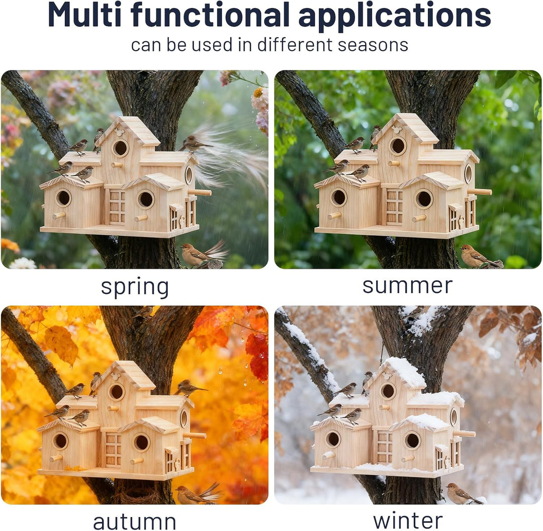Vogelhaus aus Holz mit mehreren Einstiegslöchern, Kiefer natur, dekoratives Gartenhaus