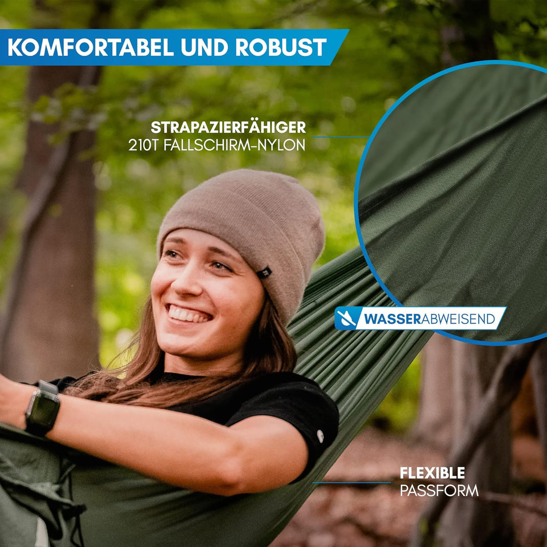 NORDMUT® Ultraleichte Hängematte Outdoor [mit Befestigungs-Set] Camping Hängematte inkl. Baumschutz-