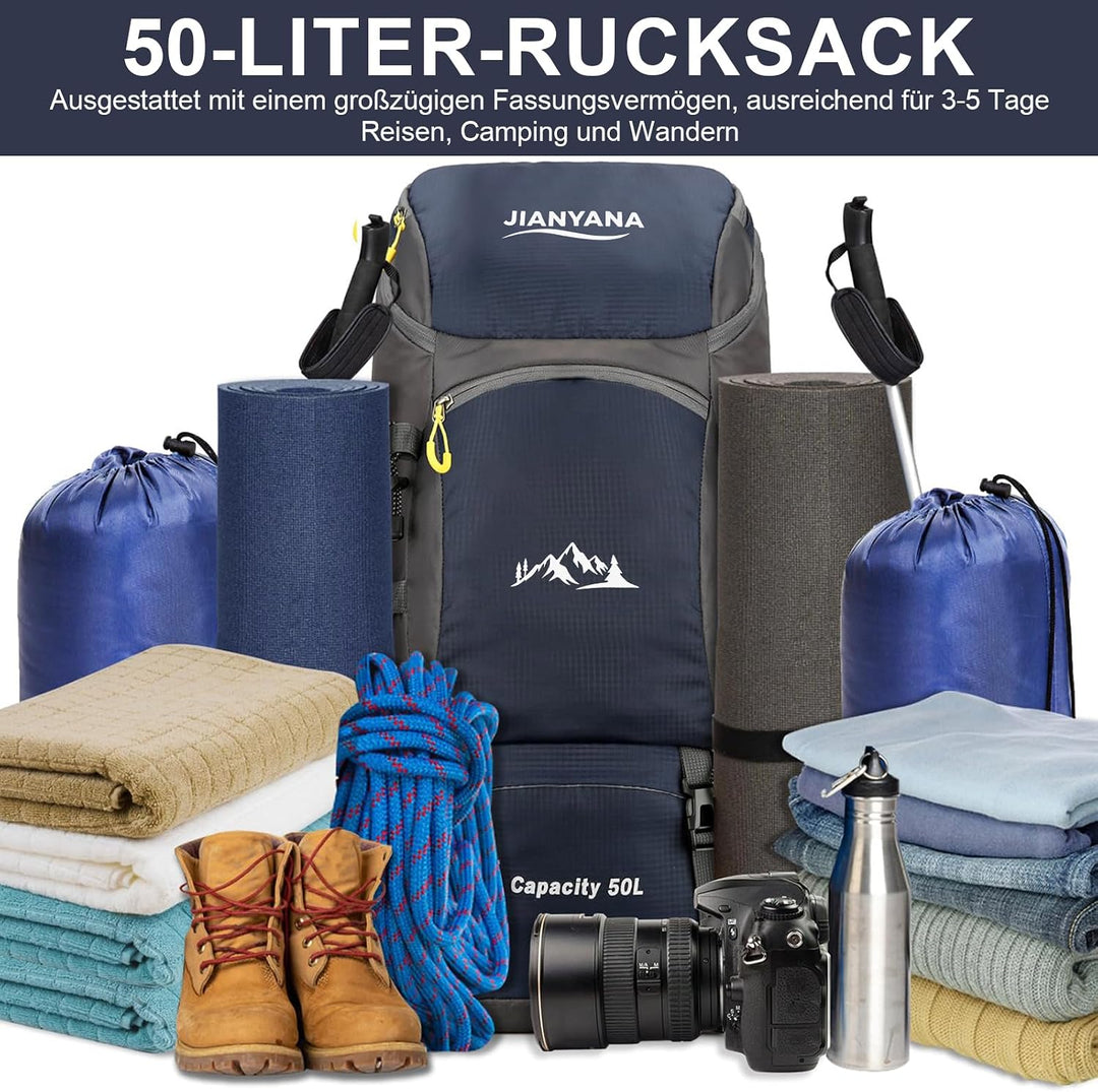 jianyana Wanderrucksack 50L Trekkingrucksack Regenhülle Reiserucksack Wasserdichter Campingrucksack