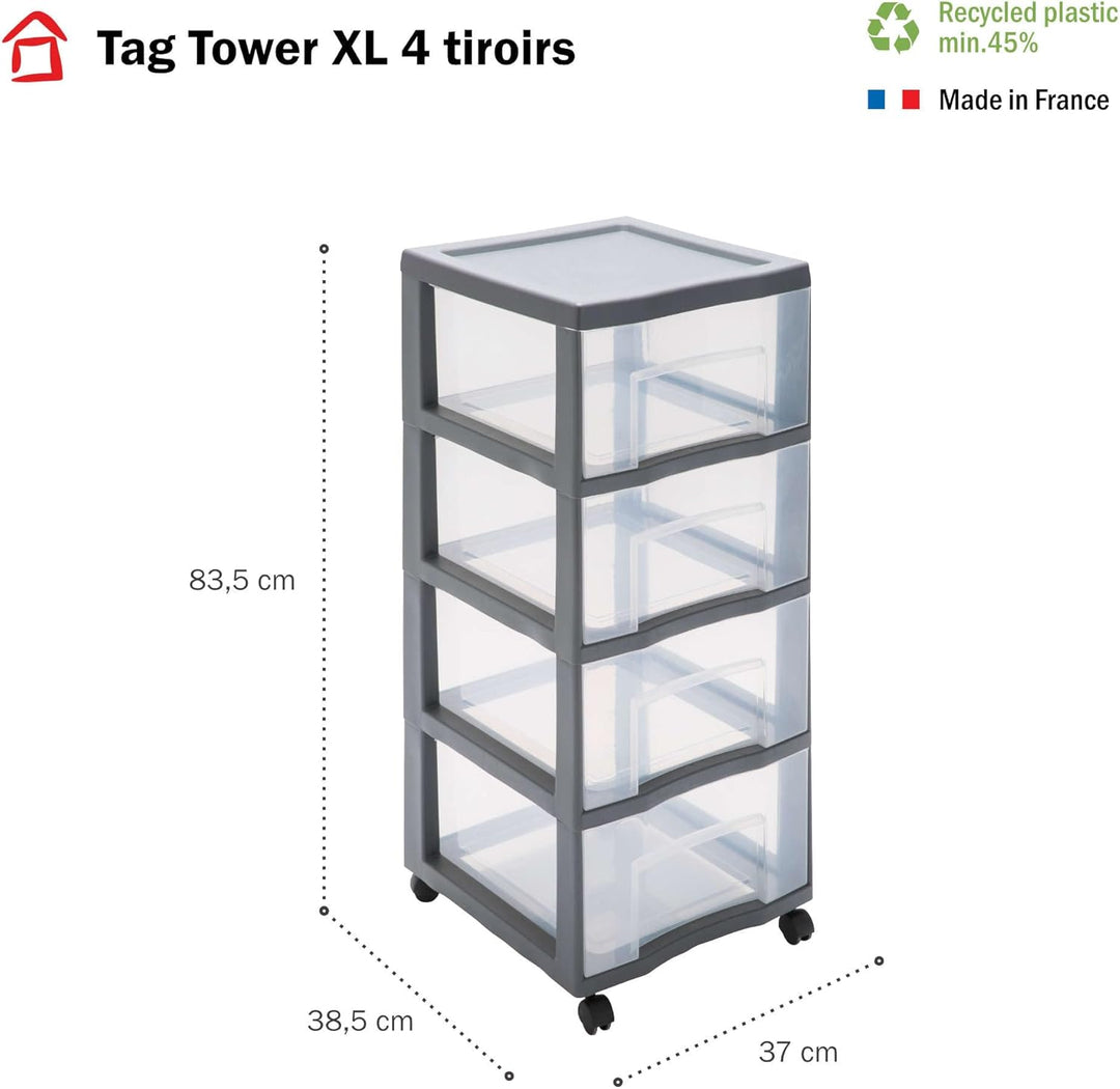SUNDIS Tag Tower XL, schubladenbox aus Kunststoff mit Rädern, grau, 4 transparente Schubladen, Höhe
