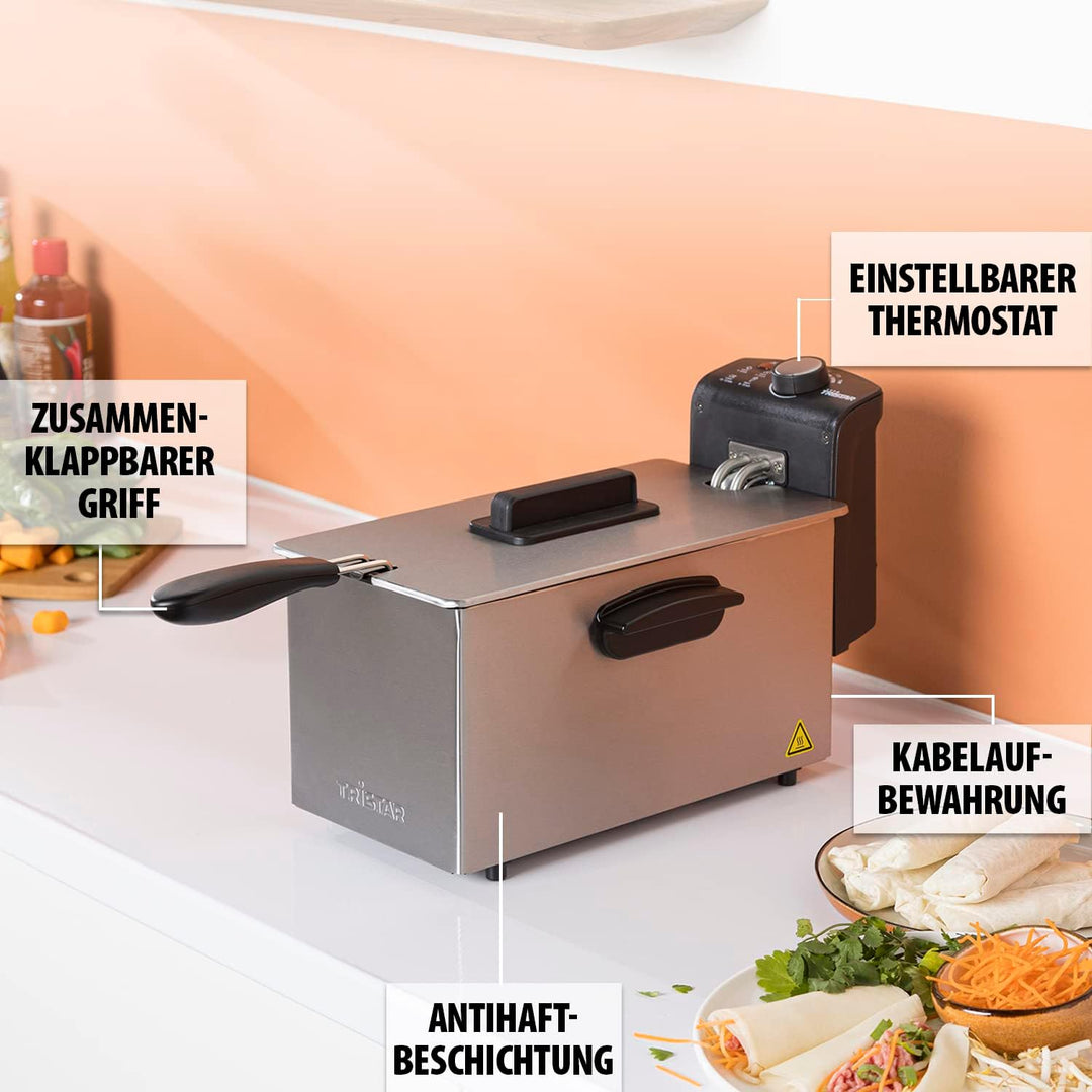 Tristar Fritteuse – 3 L, 2000 Watt, Thermostat, Emaille -Behälter, Kühlzone, FR-6946, Grau Ohne Sich