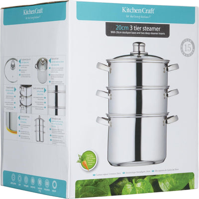 KitchenCraft Dampfgarerpfanne/Suppentopf mit 3 Behältern in Geschenkbox, Induktionssicher, Edelstahl