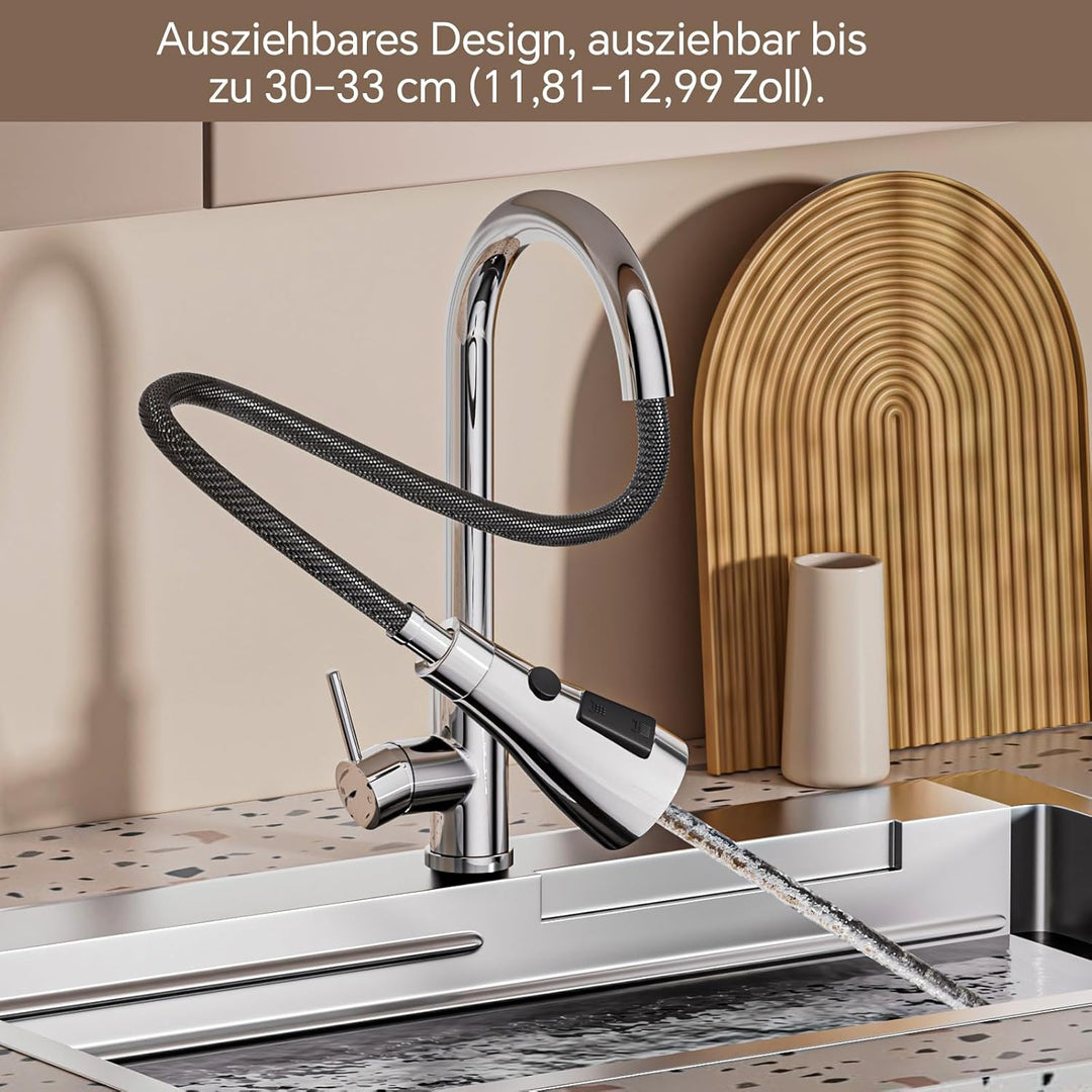 Wasserhahn Küche Ausziehbar, Hochdruck Küchenarmatur mit Brause, Armatur Küche mit 3 Strahlarten, 36