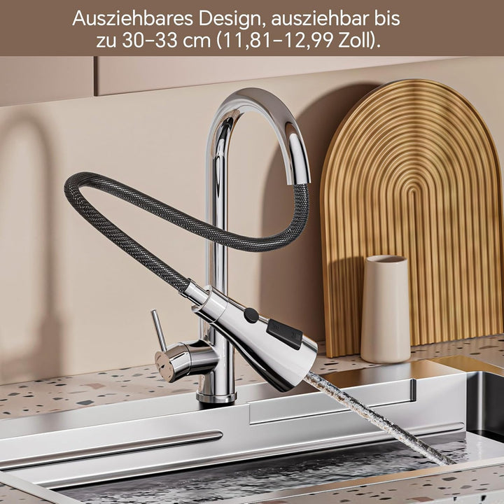 Wasserhahn Küche Ausziehbar, Hochdruck Küchenarmatur mit Brause, Armatur Küche mit 3 Strahlarten, 36