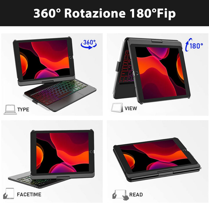 SZO iPad 10.2 Tastatur Hülle für iPad 9/8/7, Schwarz, Bluetooth, 360° Touchpad Flip Cover, 7 Hinterg