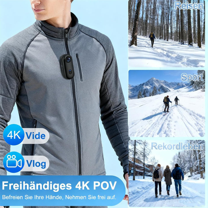 Action Cam - 4K 64GB Bodycam mit Wasserdicht 30m, Freihand-POVs, APP-Videoclip, Magnetisch, 120° Wei