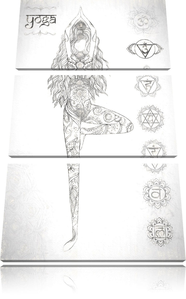 Pixxprint Yogafigur in der Tree Pose Kunst Kohle Effekt 3-Teiler Leinwandbild 120x80 Bild auf Leinwa