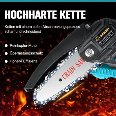 Saker Mini Kettensäge mit Akku 4 Zoll, kabellose kettensäge elektrisch mit 1 Kette und 2 Batterien,