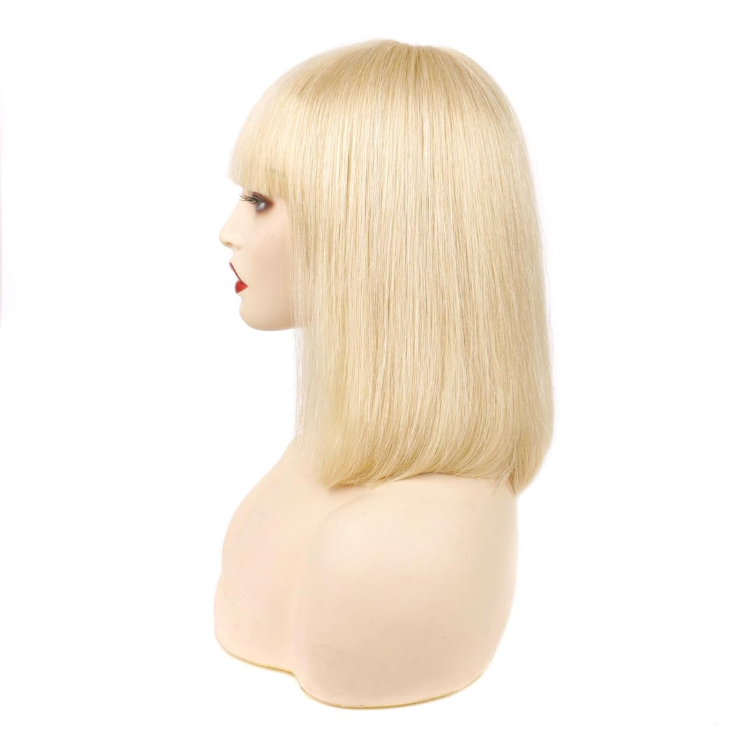 Huarisi 10 Inch Bonde Straight Human Hair Bob Wigs with Bangs 613 Short Bob Wig with Fringe None Lac