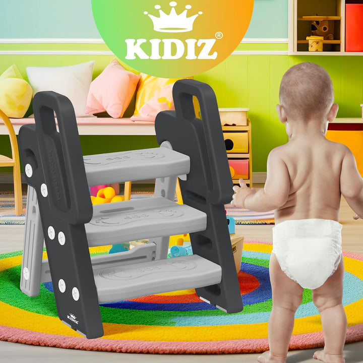 KIDIZ® Tritthocker für Kinder Trittleiter Klappbar mit 3 Stufen | Faltbarer Lern-Turm ab 18 Monaten