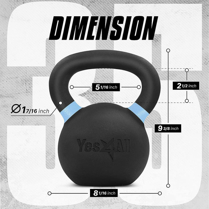 Yes4All Kettlebells pulverbeschichtet - 4, 6, 8, 10, 12, 14, 16, 20, 24, 32, 40kg G – Hellblau – 16