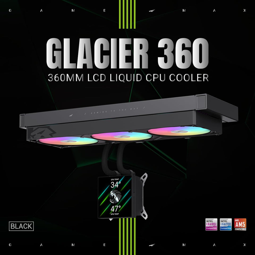 GAMEMAX GLACIER 360 BK AIO Flüssigkeits CPU Kühler, 360mm Radiator, 3,95" 720×720 LCD-Display, seitl