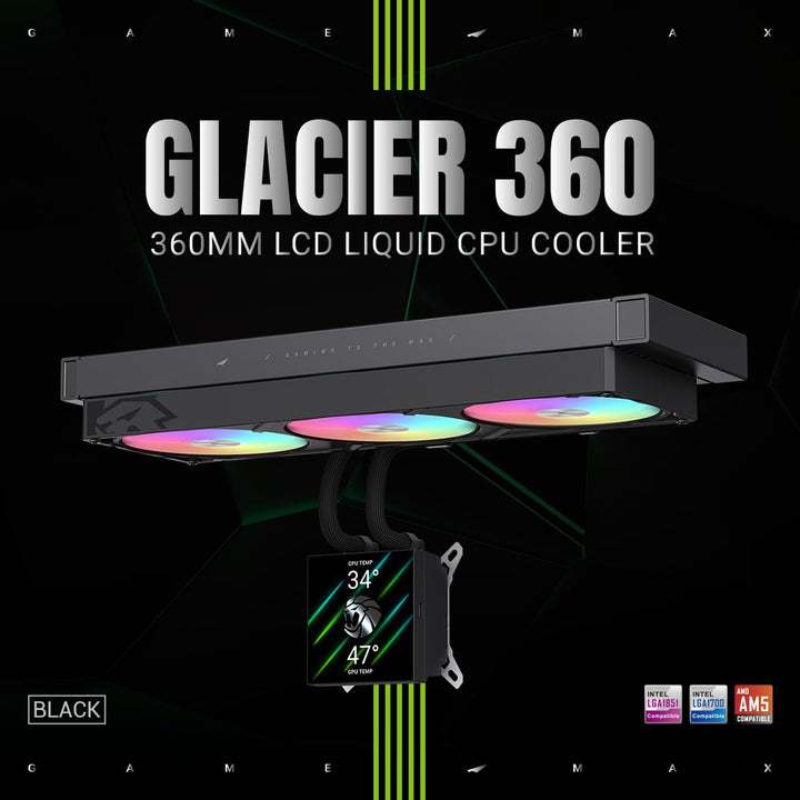 GAMEMAX GLACIER 360 BK AIO Flüssigkeits CPU Kühler, 360mm Radiator, 3,95" 720×720 LCD-Display, seitl