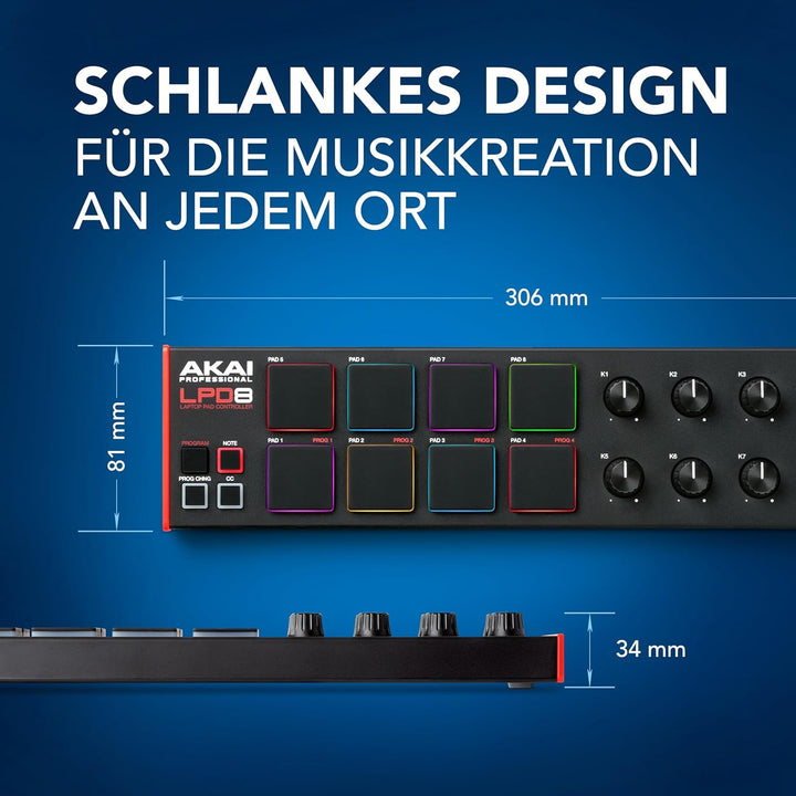 AKAI Professional LPD8 – USB MIDI Controller mit 8 responsiven MPC Drum Pads für Mac und PC, 8 zuwei