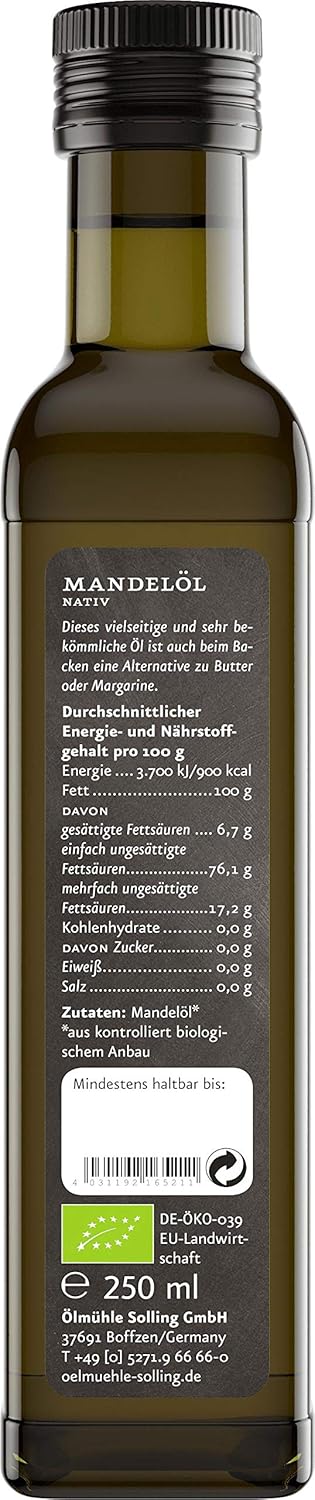 ÖLMÜHLE SOLLING - BIO Mandelöl ,Schonend kaltgepresstes Öl aus süssen, ungerösteten Bio-Mandeln. Mit