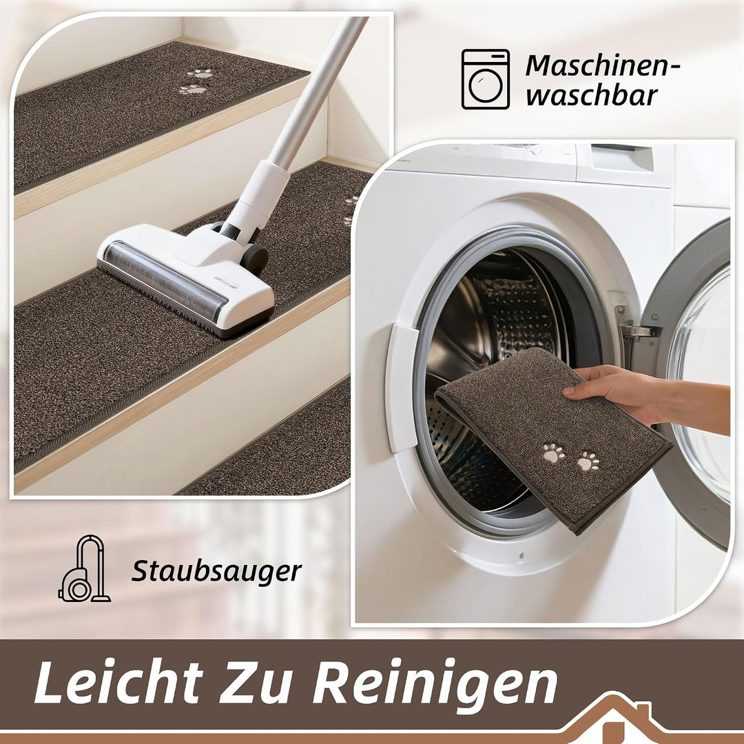 BEQHAUSE Stufenmatten Innen rutschfest, Einfache Montage, Braun, 4 Stück | Maschinenwaschbare Treppe