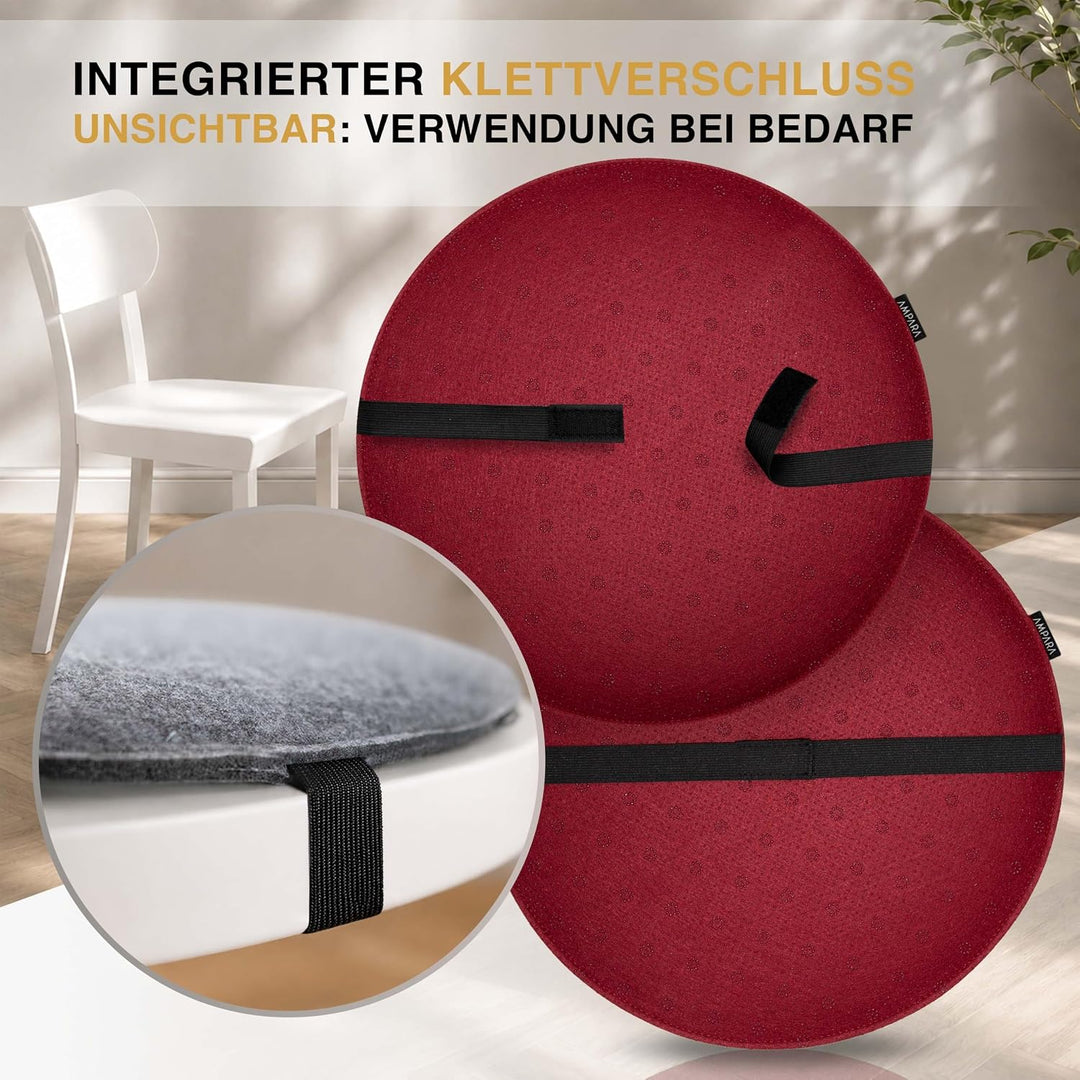 4er Set - Edle Stuhlkissen rund 40cm - rutschfest & gemütlich, Stuhlauflage rund aus Filz, rot, Rot
