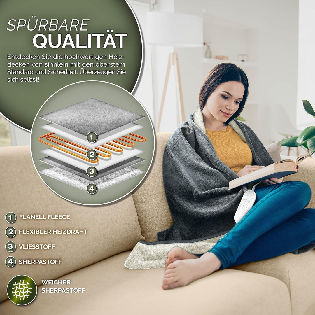 sinnlein® Heizdecke mit Abschaltautomatik 160 x 120 cm | Elektrische Wärmedecke mit 9 Temperaturstuf